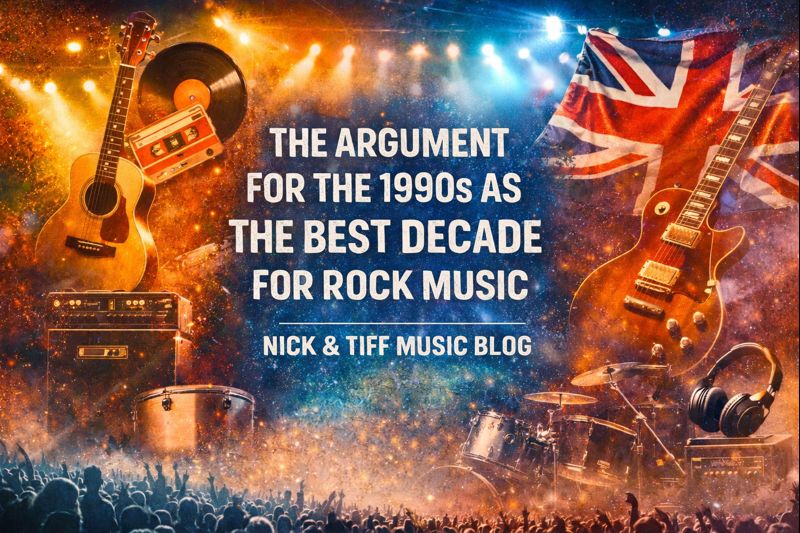 Feature image for an article arguing that the 1990s were the best decade for rock music, featuring guitars, vinyl records, and 90s music imagery.