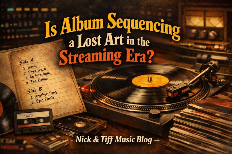 Is album sequencing a lost art in the streaming era? Vinyl record player and handwritten album tracklist representing intentional song order