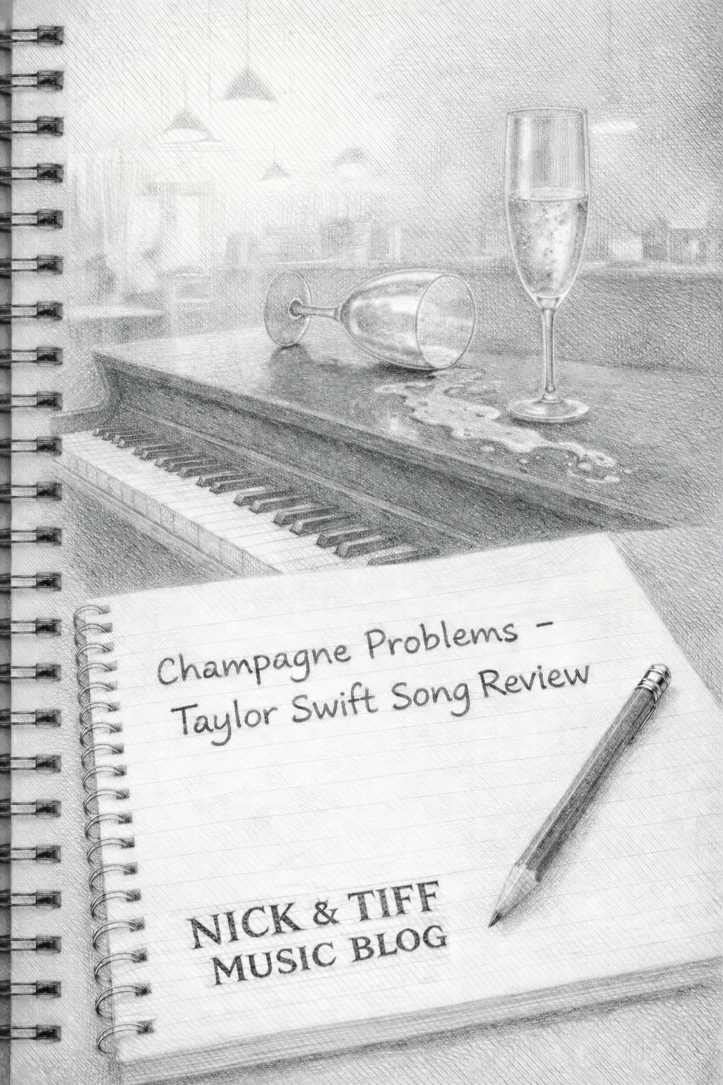 Hand-drawn pencil sketch of a notebook titled Champagne Problems Taylor Swift Song Review with a piano and spilled champagne glass, Nick & Tiff Music Blog