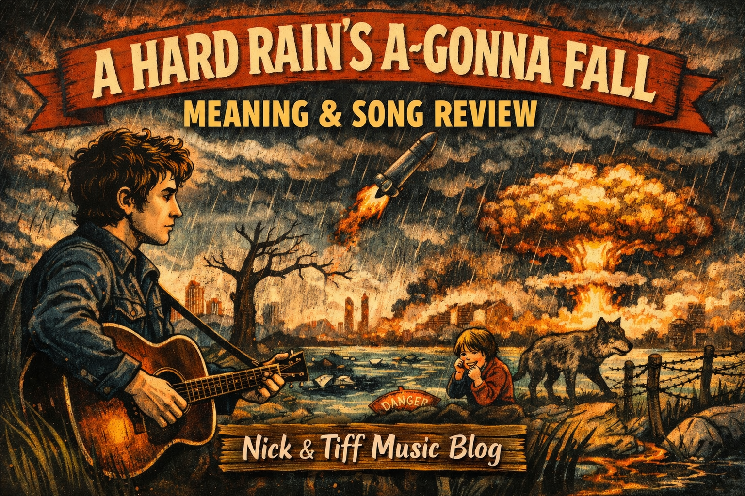 Illustration of Bob Dylan performing A Hard Rain’s A-Gonna Fall with apocalyptic imagery, featured on Nick & Tiff Music Blog meaning and song review.