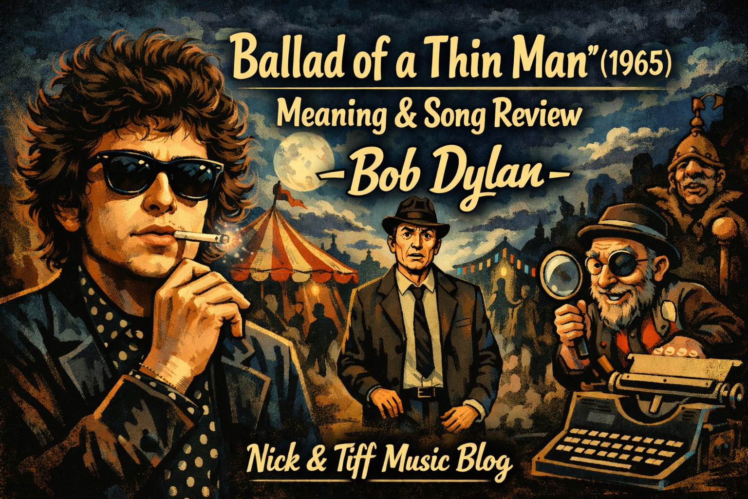 Illustrated feature image for Ballad of a Thin Man (1965) Meaning & Song Review by Bob Dylan – Nick & Tiff Music Blog