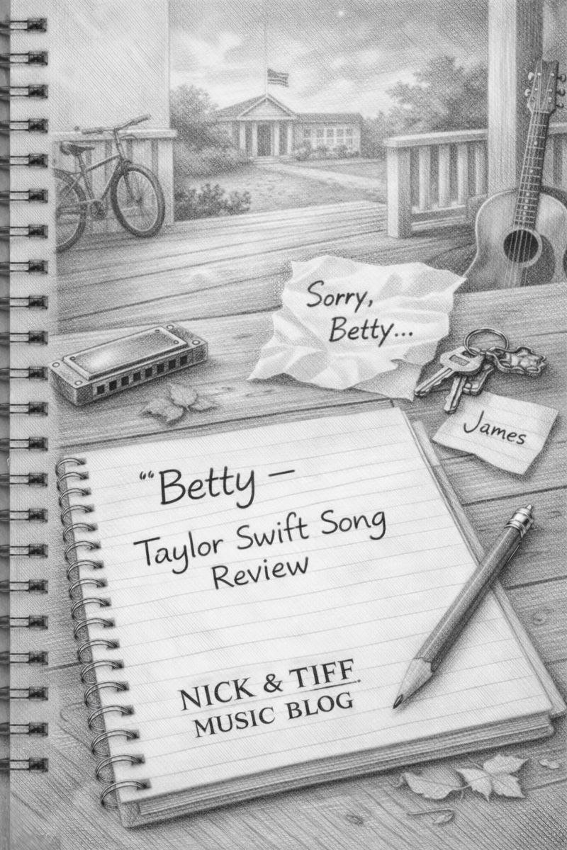 Betty by Taylor Swift song review featuring a folk-inspired pencil sketch with harmonica, porch setting, and notebook
