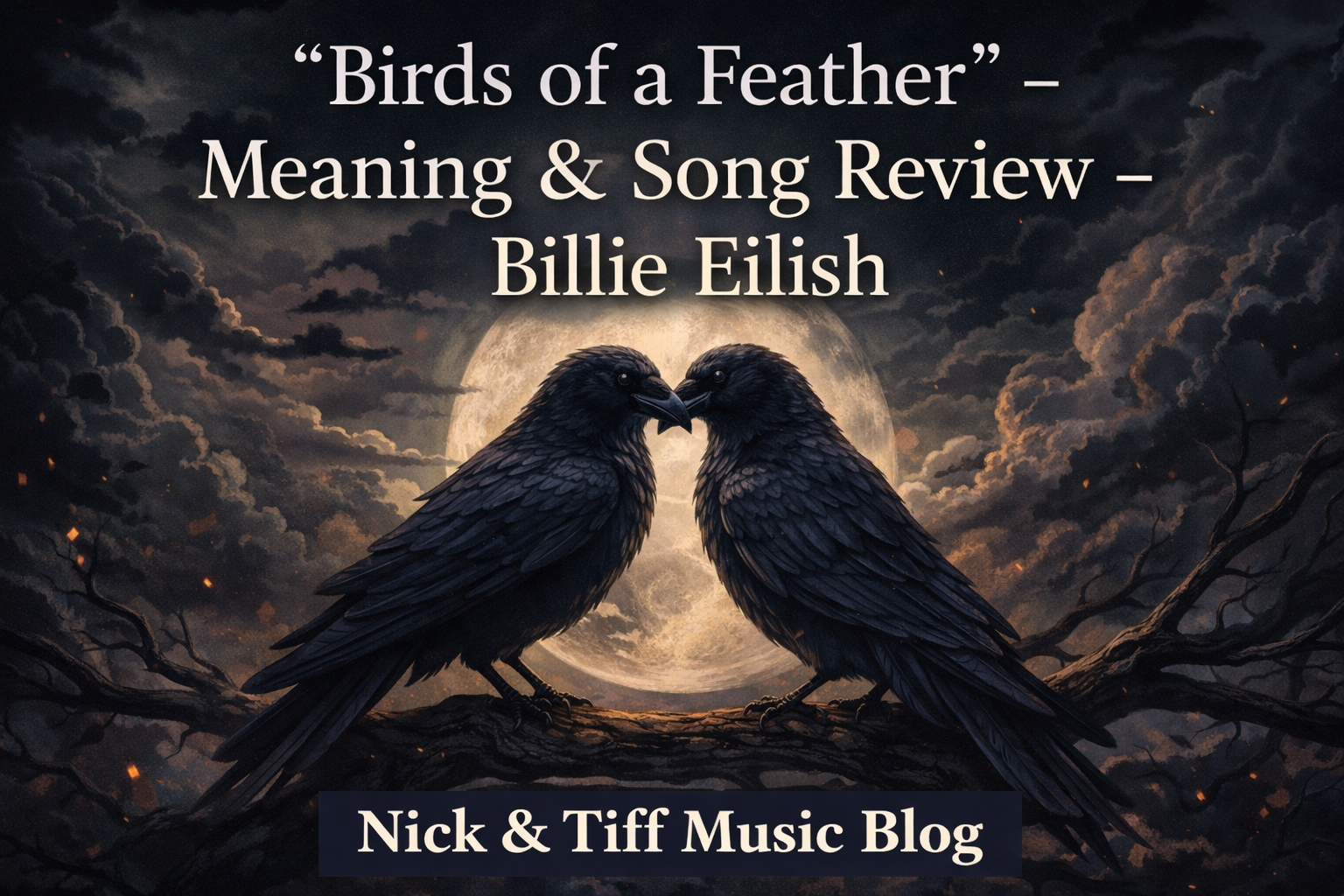 “Birds of a Feather” Meaning & Song Review – Billie Eilish feature image with two dark ravens under a full moon | Nick & Tiff Music Blog