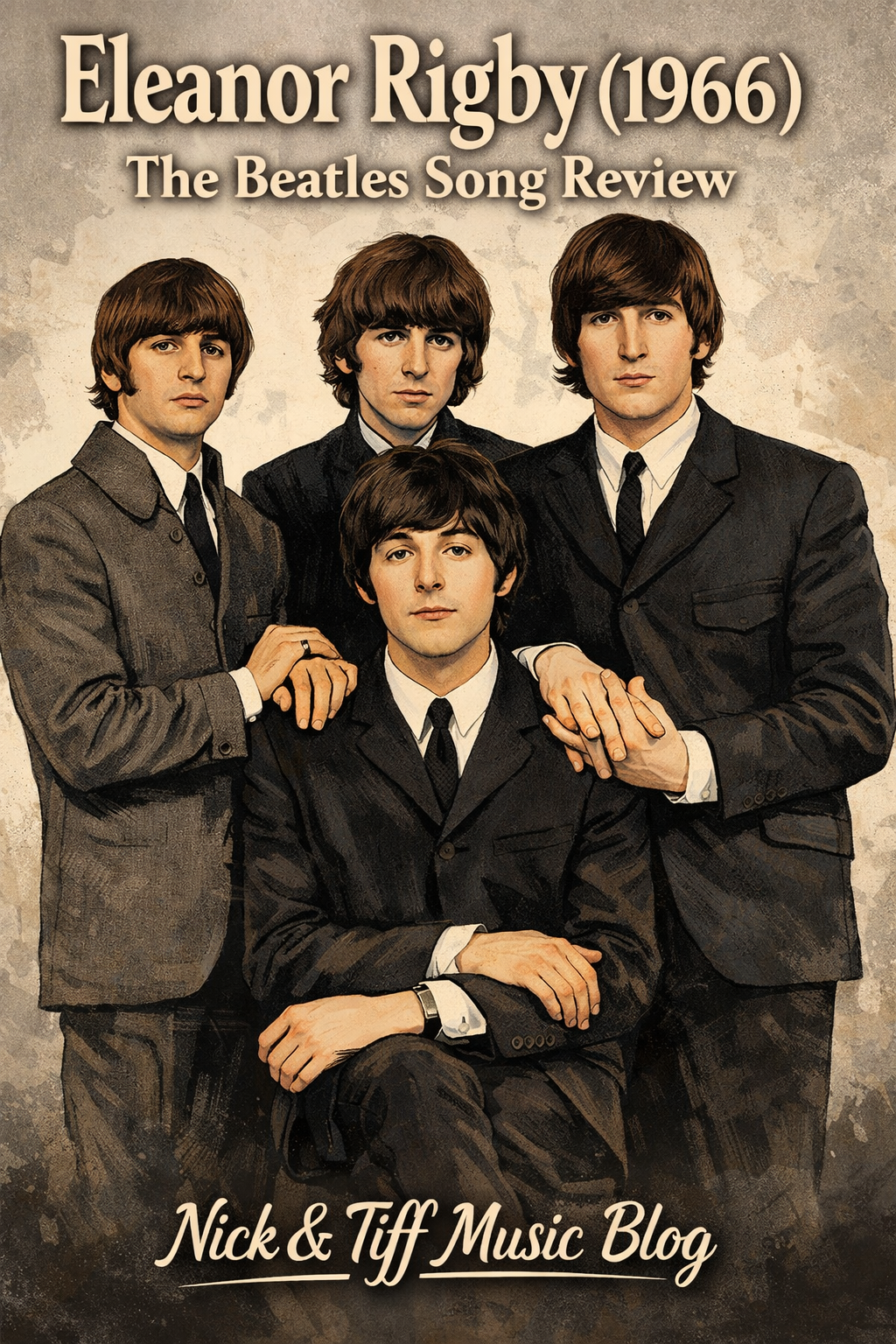 Illustrated portrait of The Beatles with text reading “Eleanor Rigby (1966) – The Beatles Song Review” for Nick & Tiff Music Blog