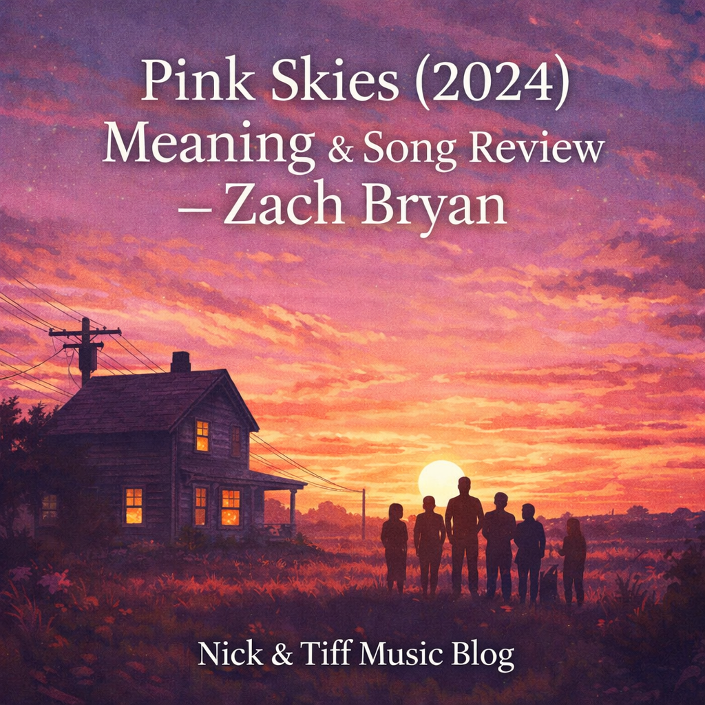 Pink Skies (2024) Meaning & Song Review – Zach Bryan | Nick & Tiff Music Blog sunset illustration with family silhouette