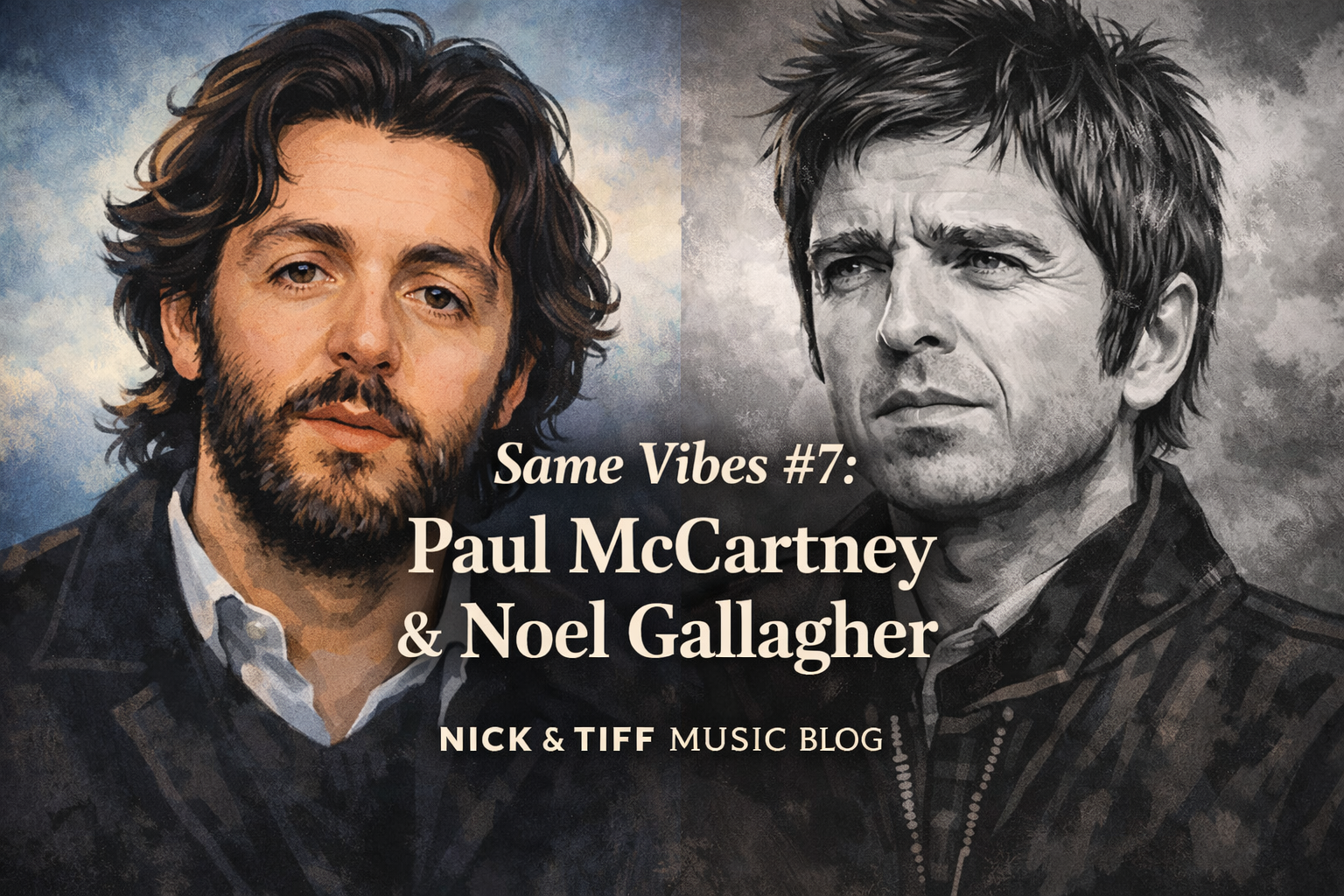 Same Vibes #7 comparing Paul McCartney and Noel Gallagher through illustrated portraits
