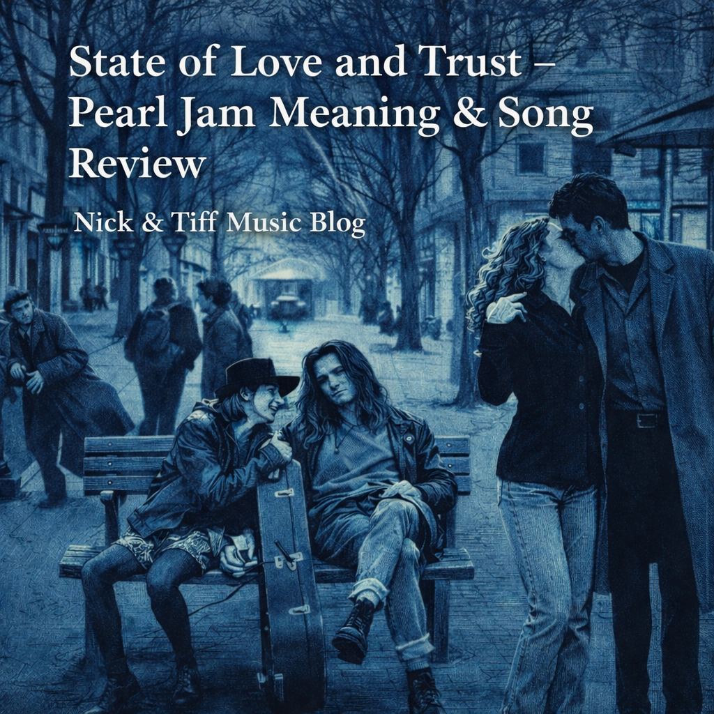 State of Love and Trust – Pearl Jam Meaning & Song Review feature image with moody 1990s Seattle-inspired illustration – Nick & Tiff Music Blog