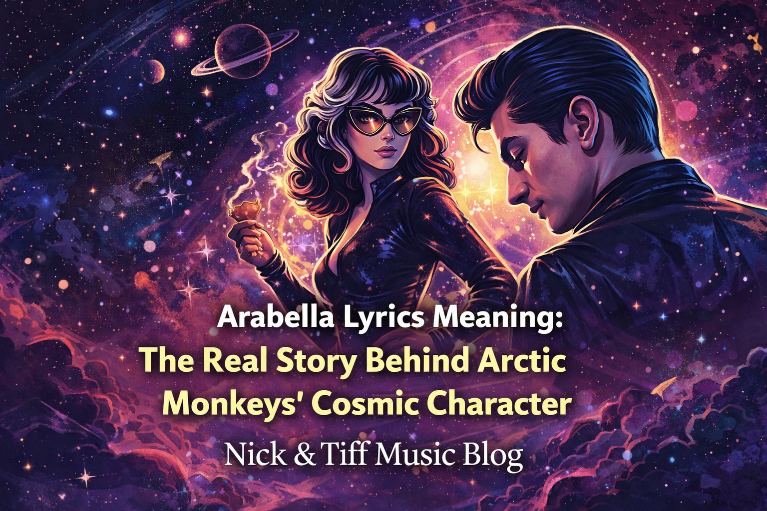 Arabella Lyrics Meaning – Arctic Monkeys cosmic character illustration featuring Alex Turner inspired figure and space-themed visuals