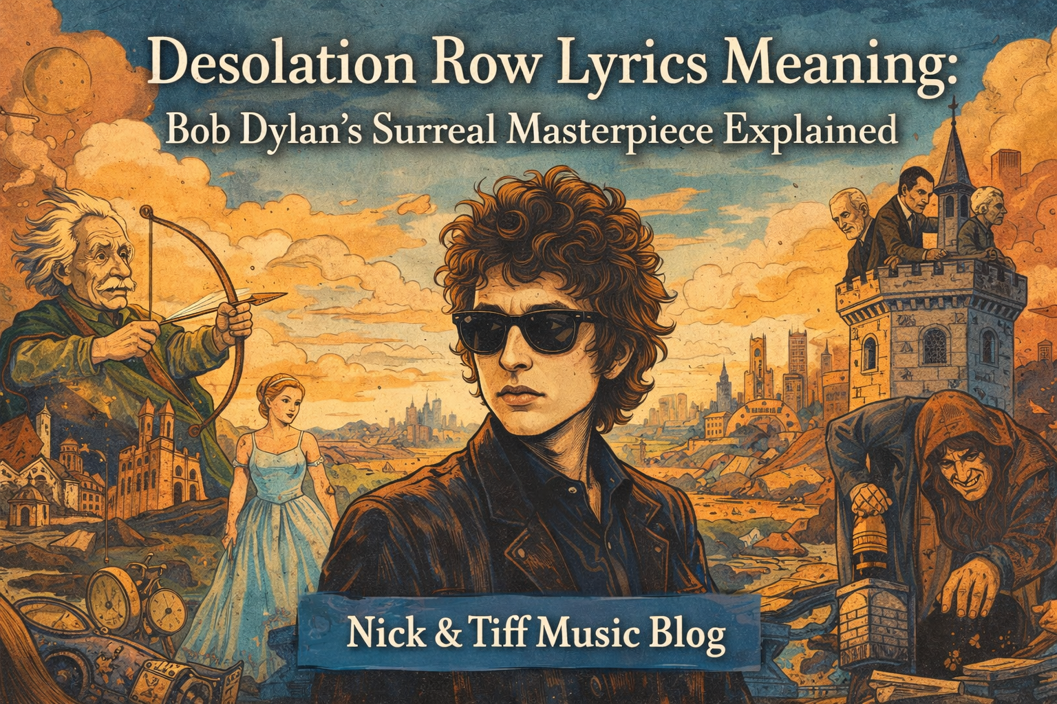 Desolation Row lyrics meaning feature image illustrating Bob Dylan with surreal characters from the song on Nick & Tiff Music Blog