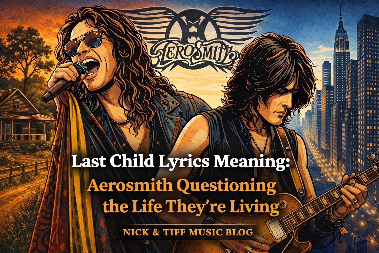Last Child Lyrics Meaning by Aerosmith – illustration showing contrast between country home and city life with theme of questioning life choices