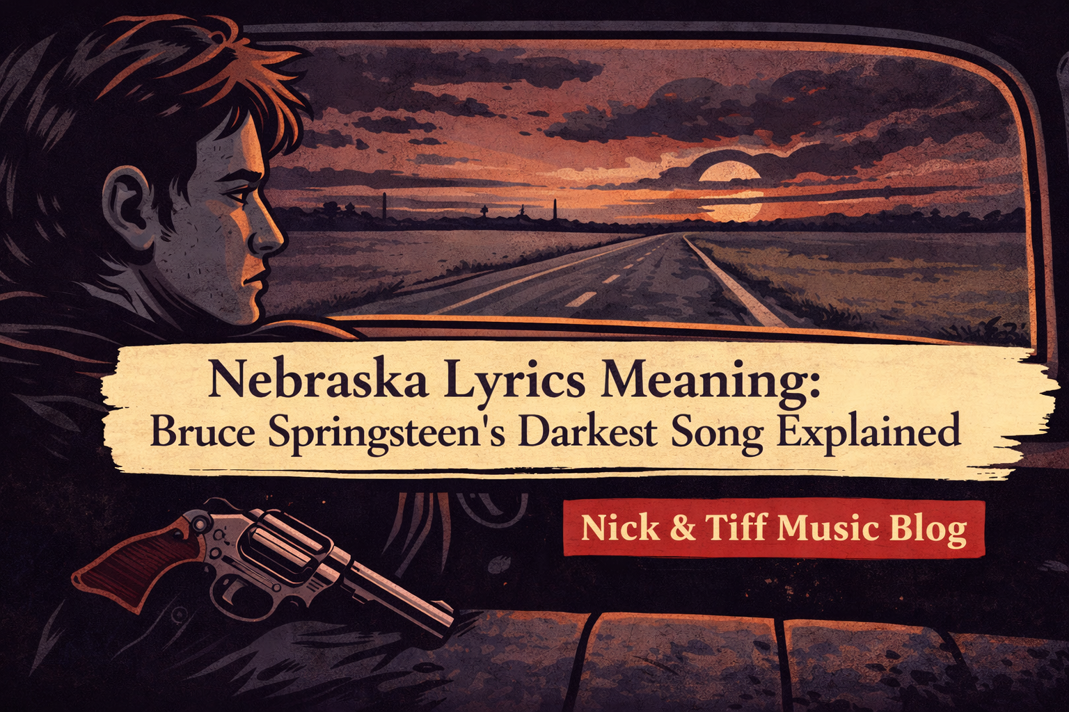 Nebraska lyrics meaning illustration showing Bruce Springsteen’s dark 1982 song about the Starkweather murders