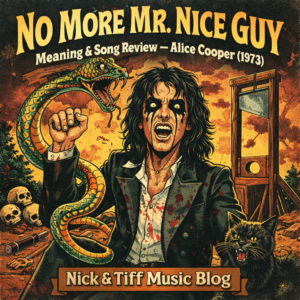 Illustrated Alice Cooper No More Mr. Nice Guy Meaning and Song Review feature image from the Nick & Tiff Music Blog.