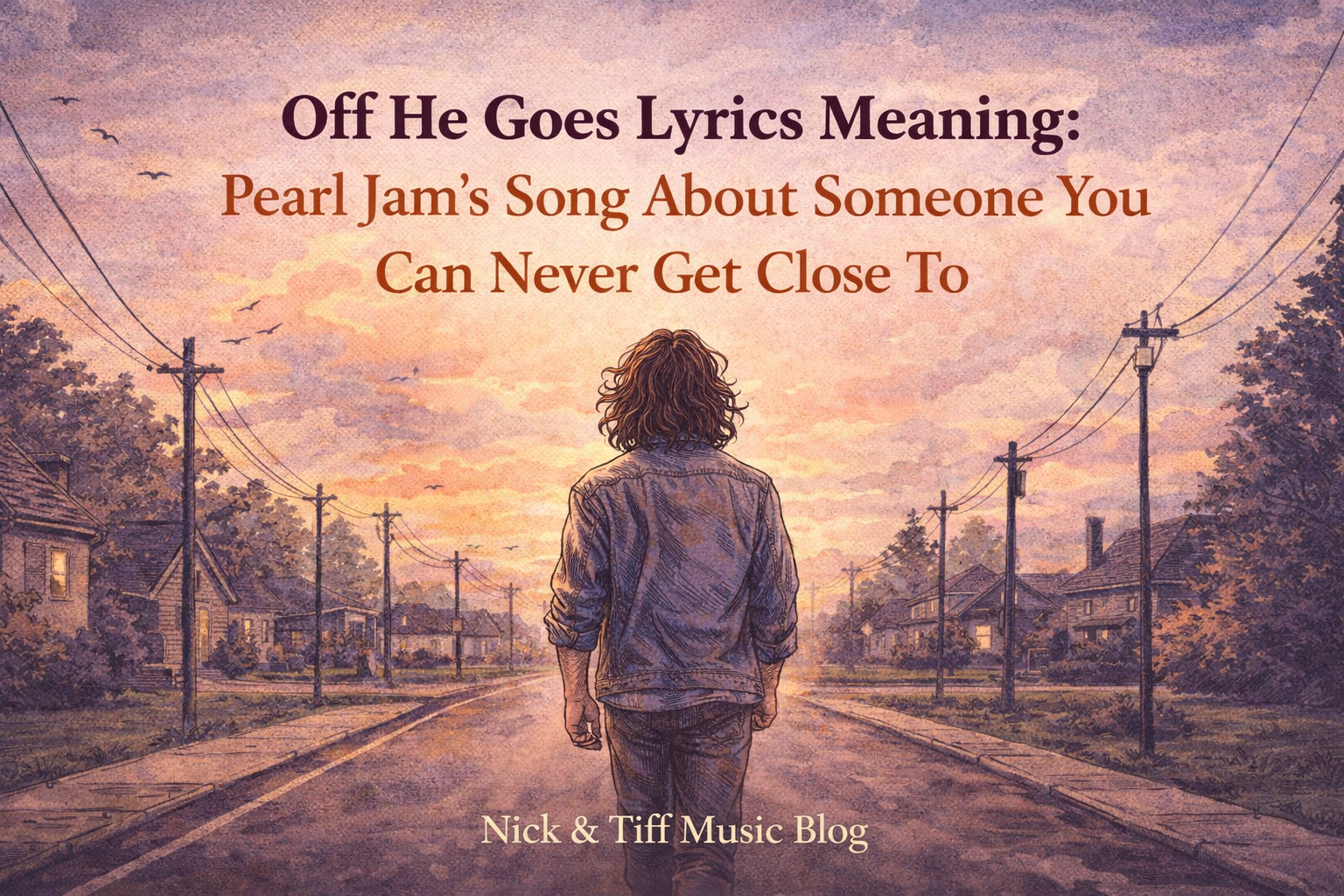 Illustrated feature image for Off He Goes lyrics meaning by Pearl Jam showing a long-haired man walking down a quiet street at sunset