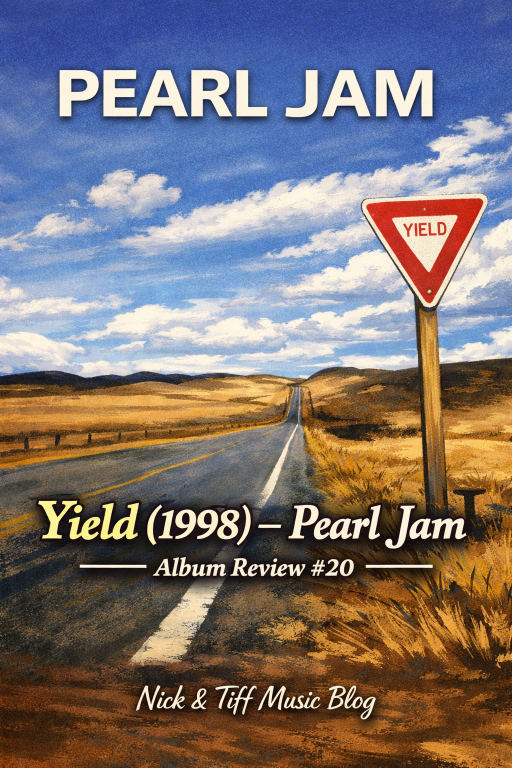 Illustrated feature image for a Pearl Jam Yield (1998) album review showing a highway with a yield sign representing the band’s fifth studio album.