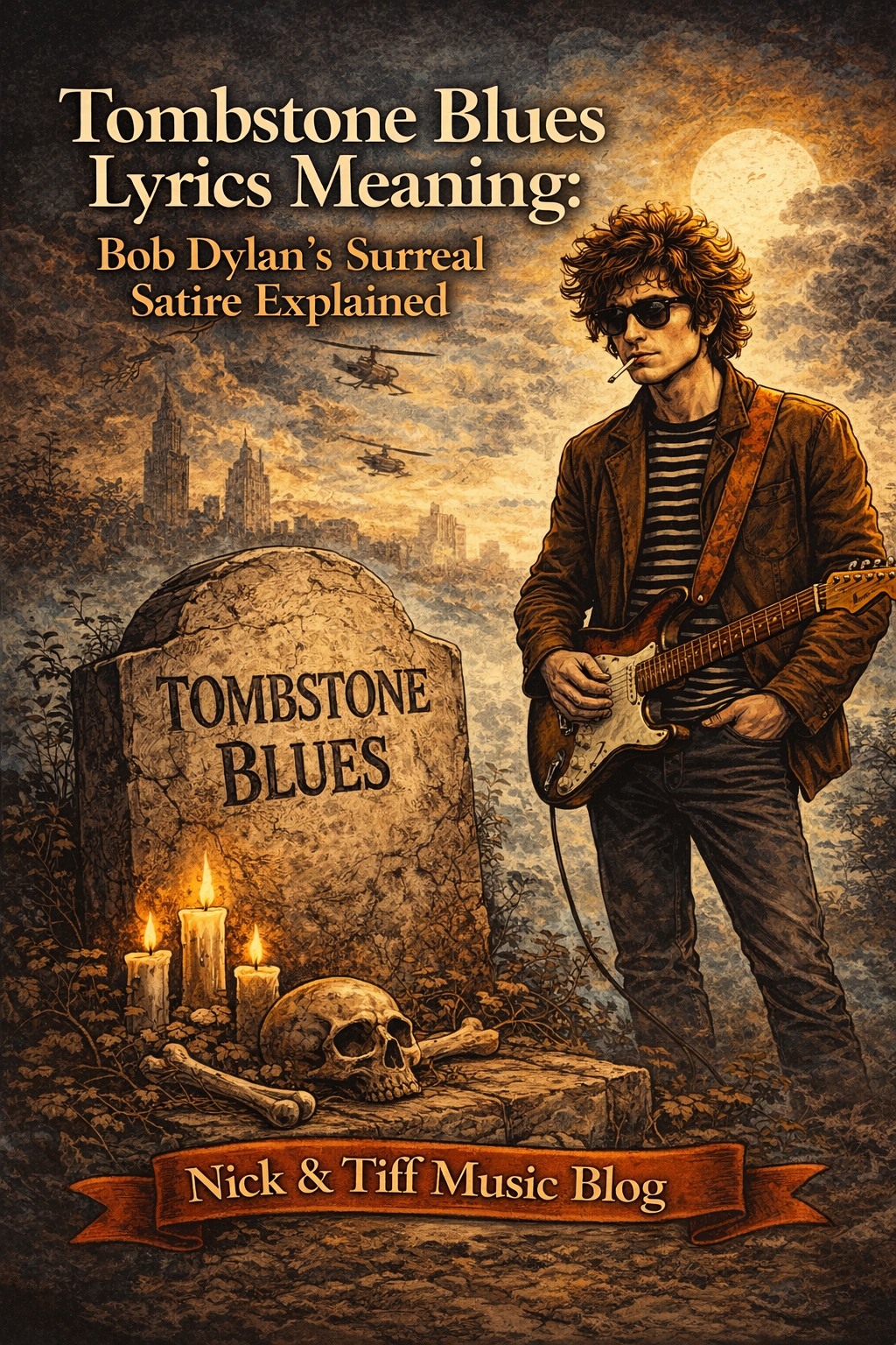 Tombstone Blues lyrics meaning Bob Dylan surreal satire illustration with tombstone and guitar figure