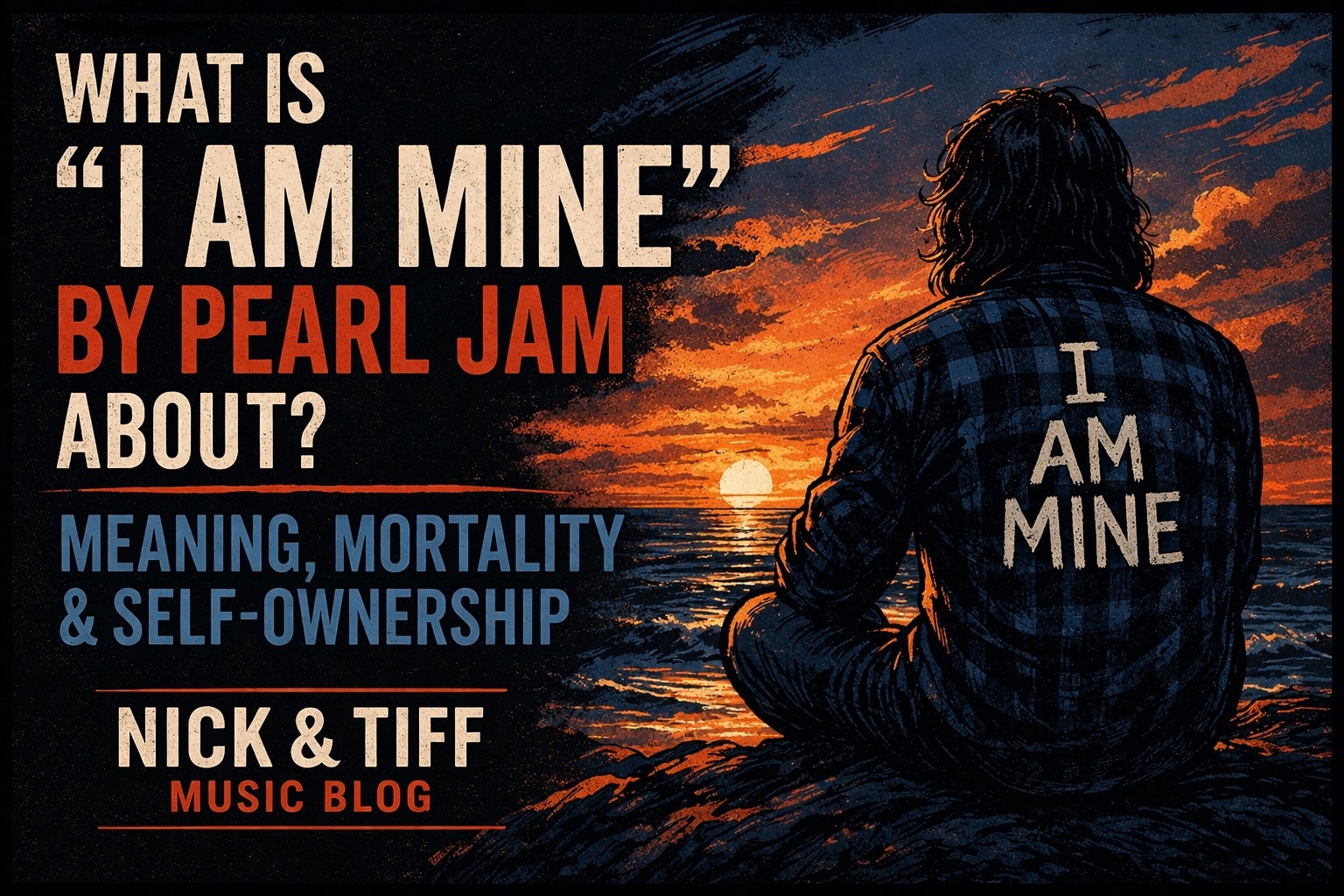 Illustrated feature image for What Is “I Am Mine” by Pearl Jam About? showing a figure sitting by the ocean at sunset with the title text and Nick & Tiff Music Blog