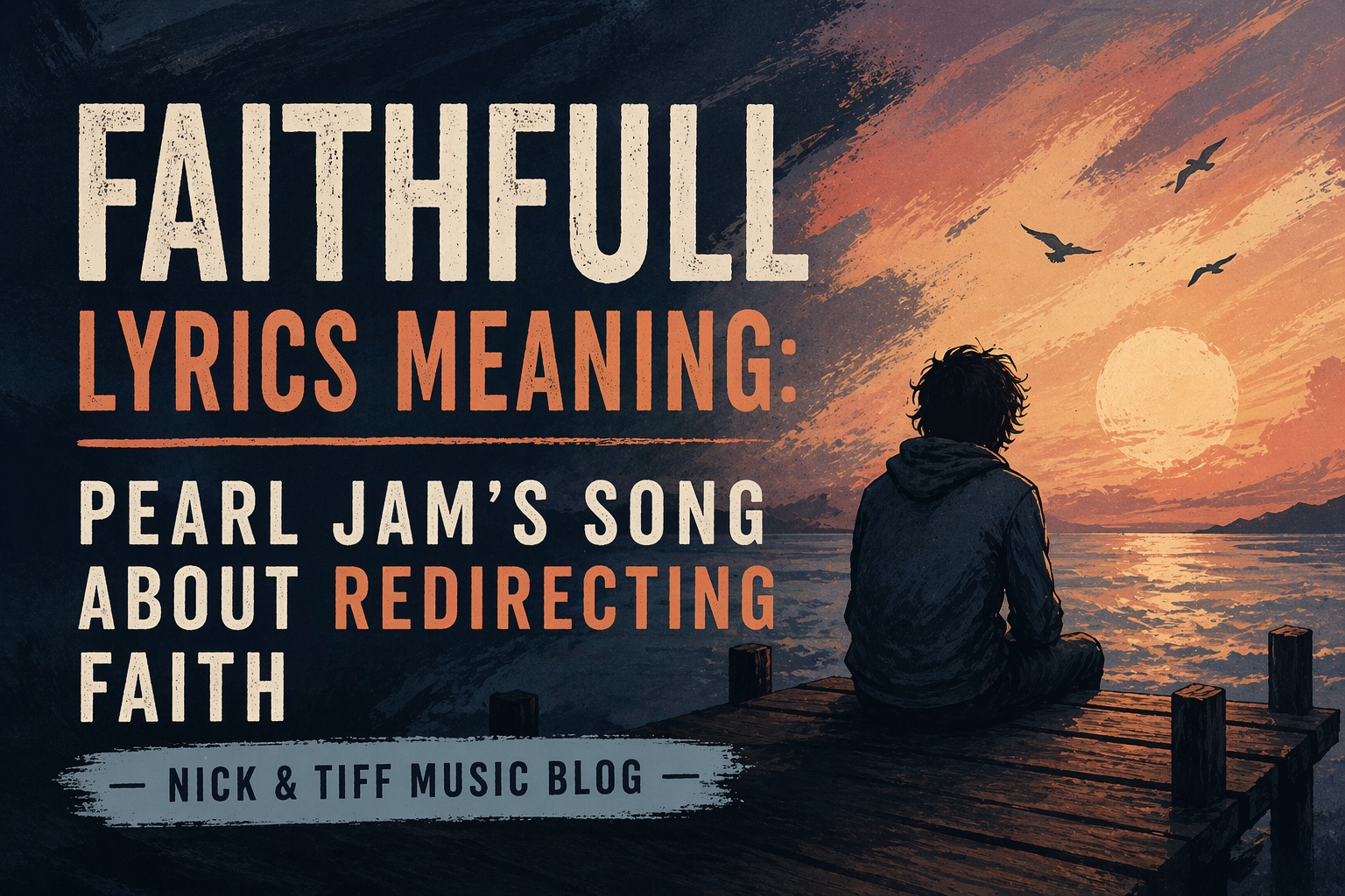 Illustration for “Faithfull Lyrics Meaning,” Pearl Jam’s song about redirecting faith, featuring a person sitting by the water at sunset.
