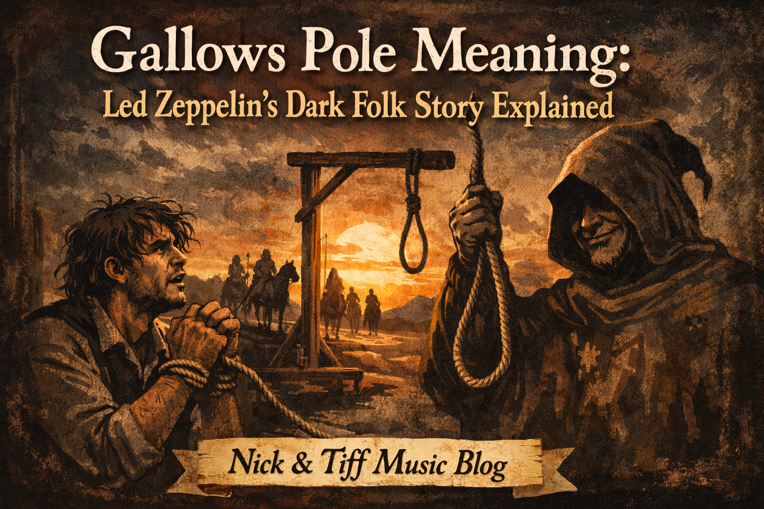 Illustrated feature image for Gallows Pole Meaning: Led Zeppelin’s Dark Folk Story Explained by Nick & Tiff Music Blog