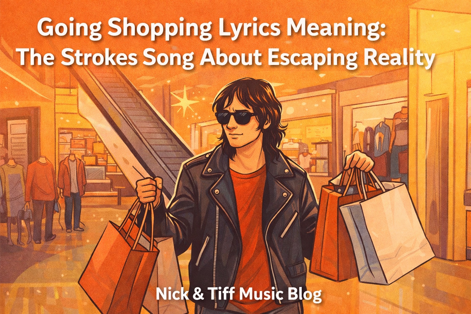 Going Shopping Lyrics Meaning by The Strokes feature image showing illustrated shopping scene
