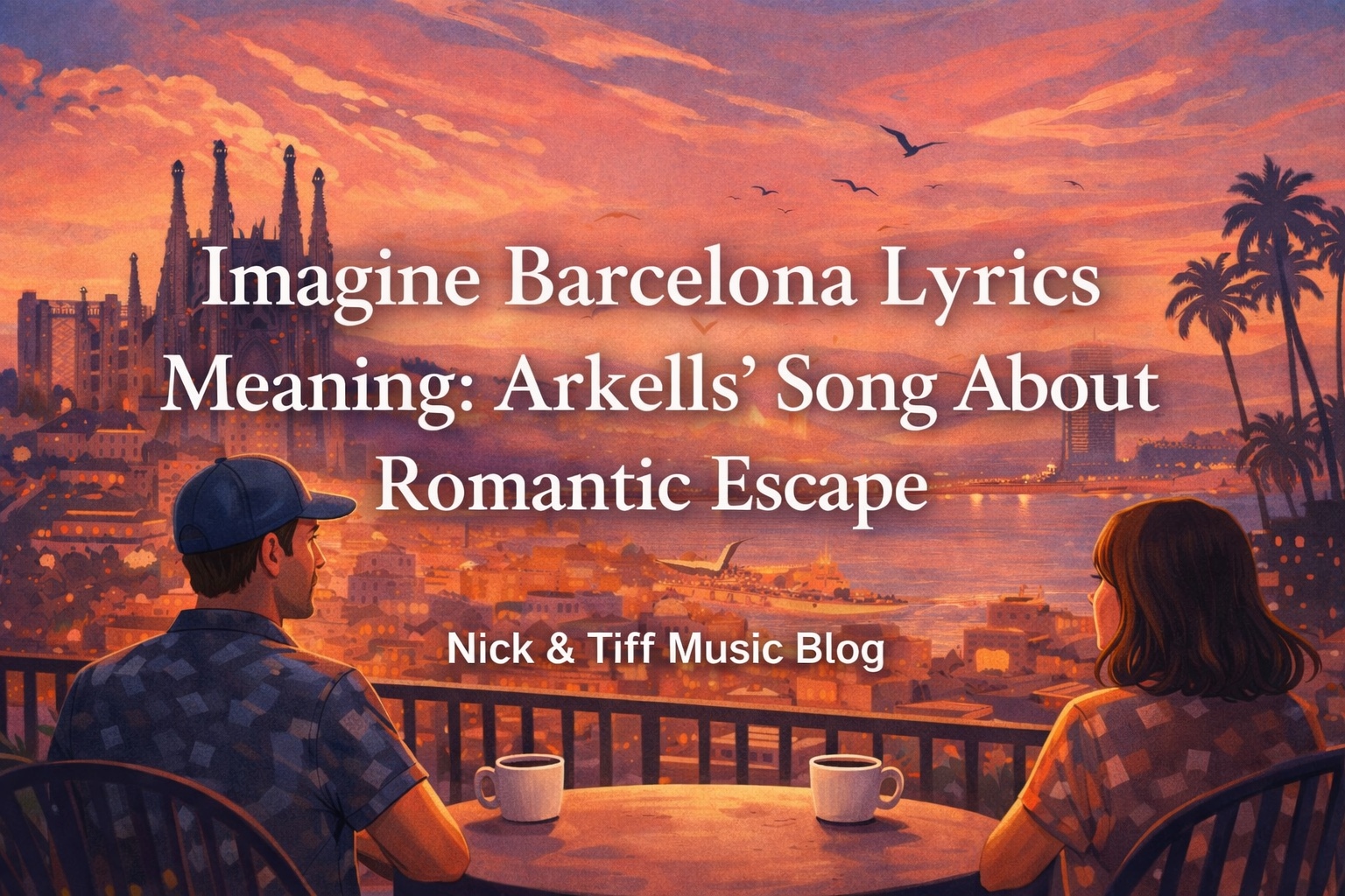 Illustration of two people having coffee overlooking Barcelona at sunset for Imagine Barcelona Lyrics Meaning: Arkells’ Song About Romantic Escape