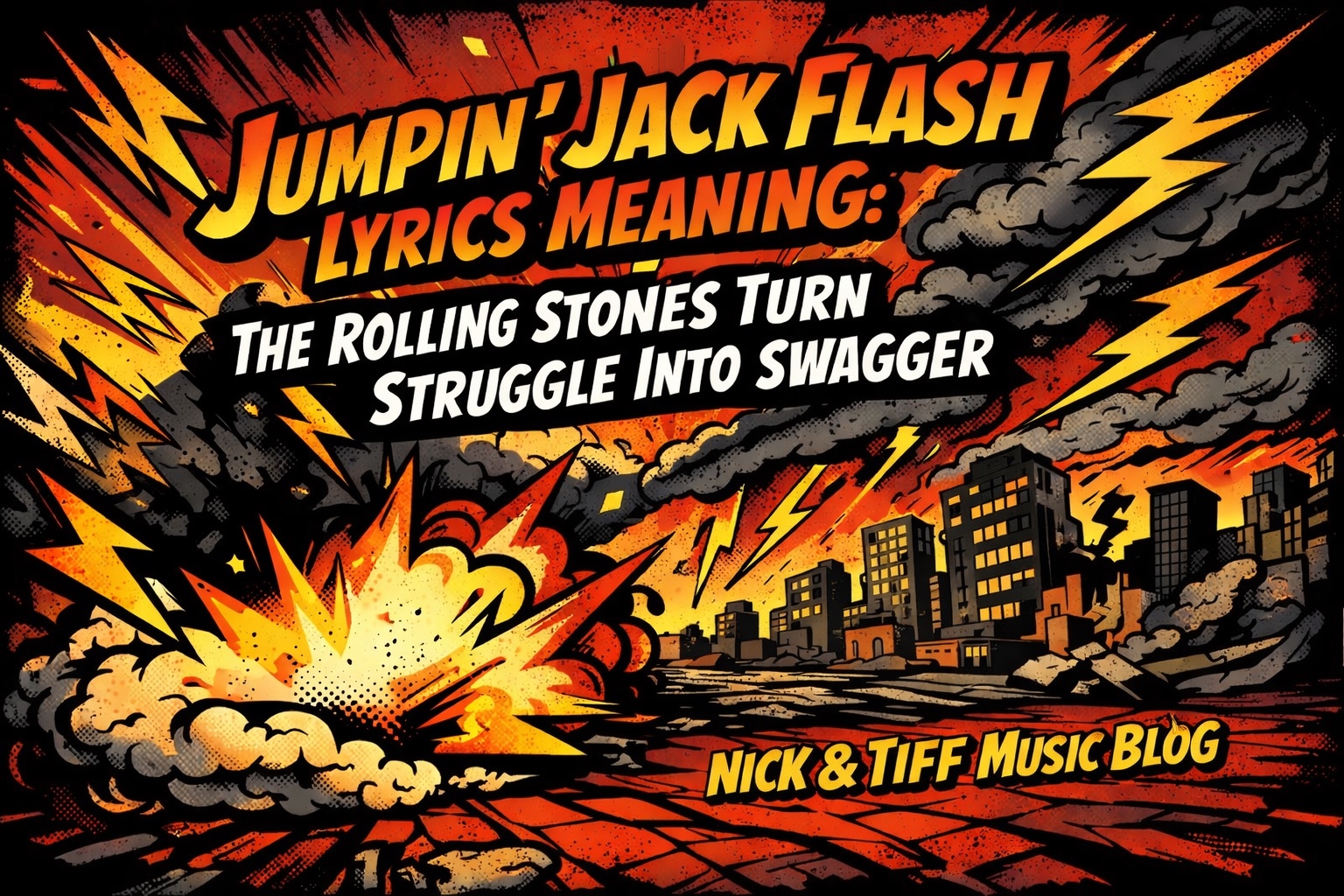 Jumpin’ Jack Flash Lyrics Meaning illustration with explosive comic-style city and bold text