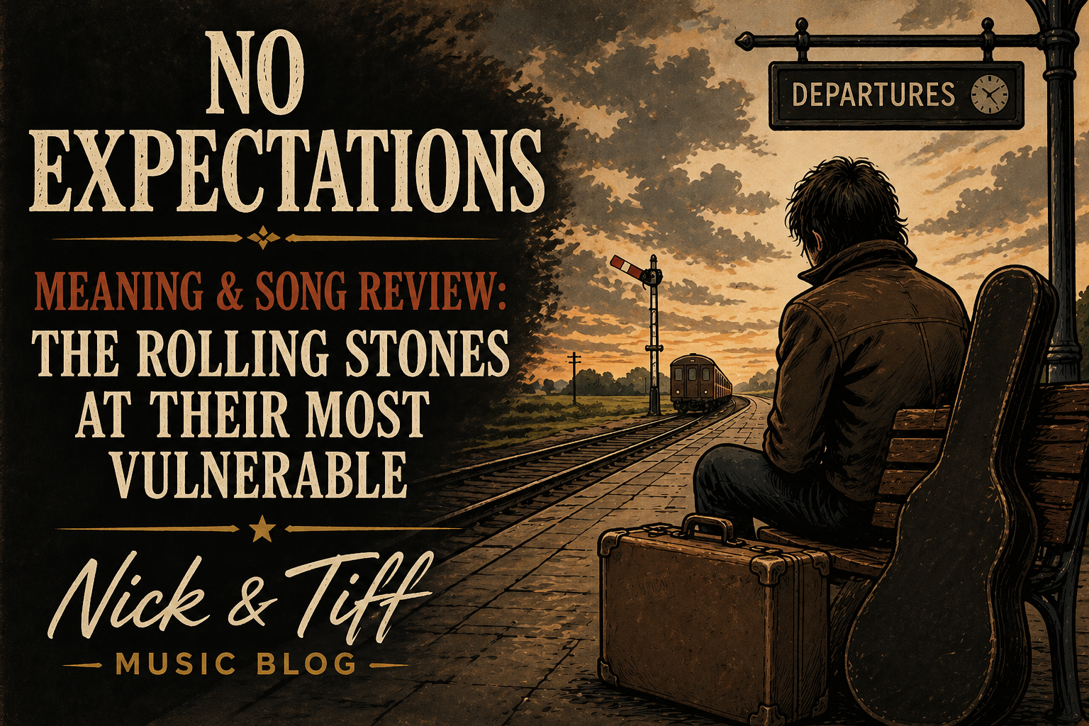 No Expectations Meaning and Song Review illustration showing a man sitting at a train station representing heartbreak and loss The Rolling Stones