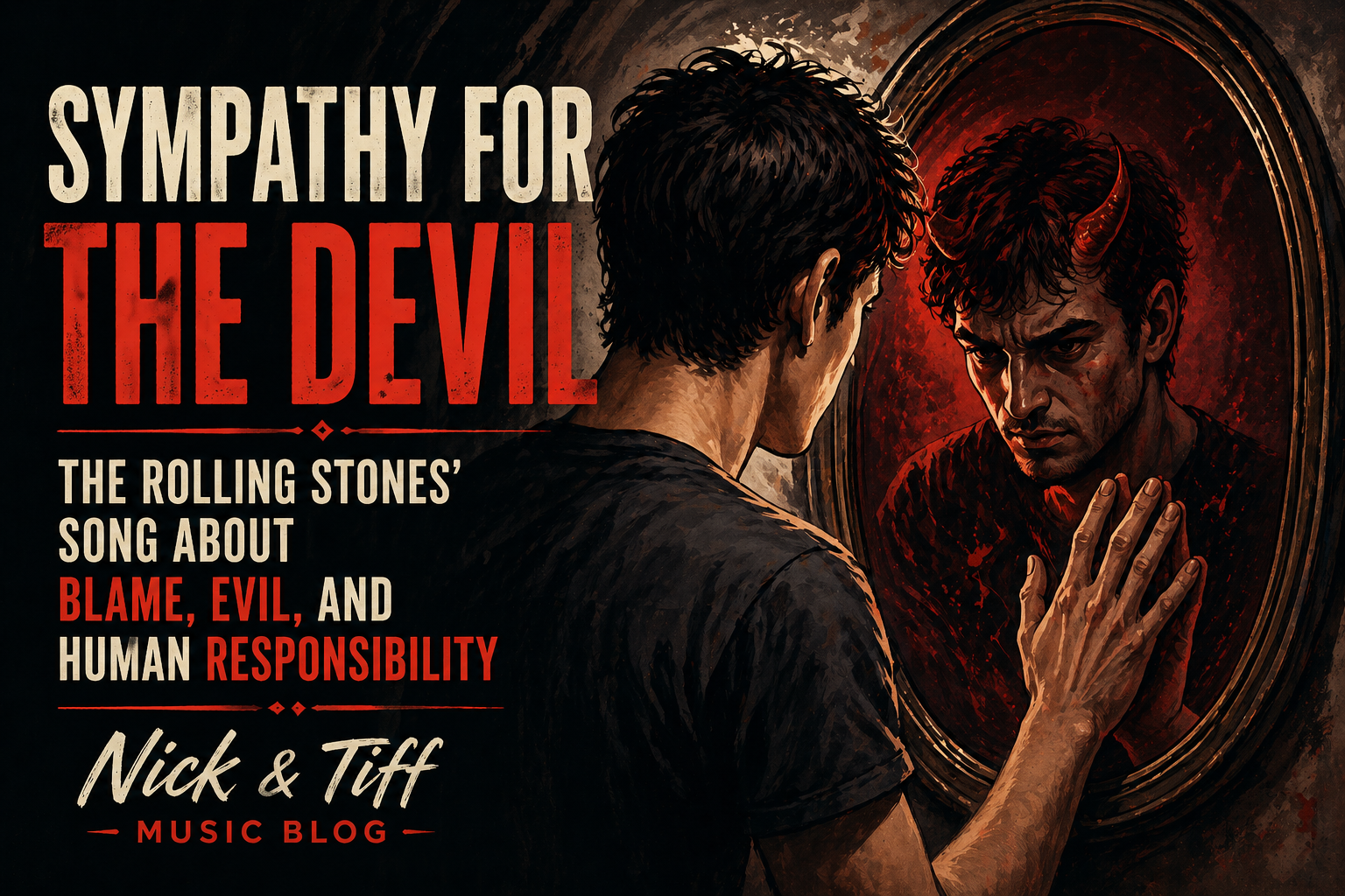 Illustration of a man looking into a mirror where his reflection appears as a red devil representing human evil in Sympathy for the Devil by The Rolling Stones