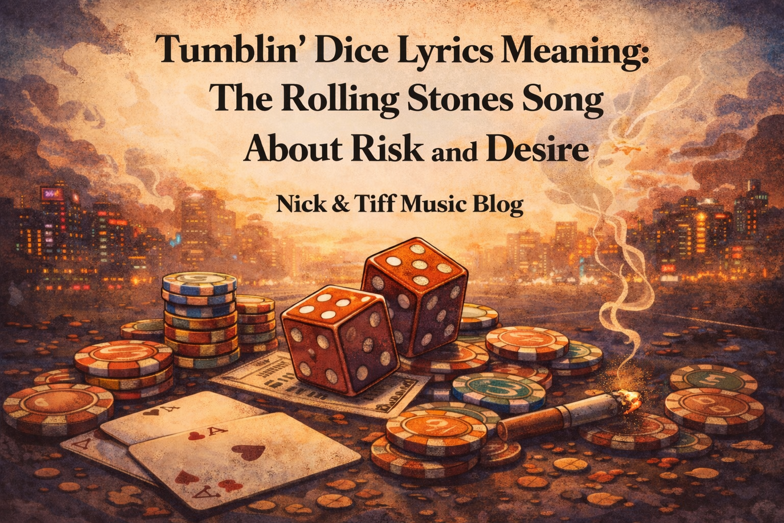 Tumblin’ Dice lyrics meaning article feature image with dice and casino imagery