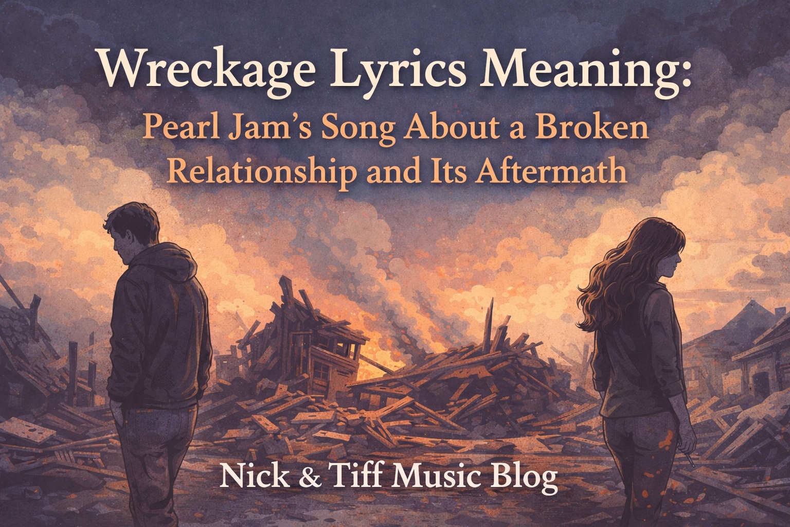 Illustrated feature image for Wreckage Lyrics Meaning by Pearl Jam about a broken relationship and its aftermath