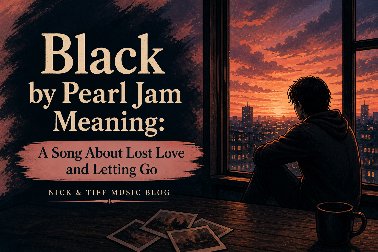 Black by Pearl Jam meaning illustration showing a person looking out a window at sunset symbolizing lost love and letting go