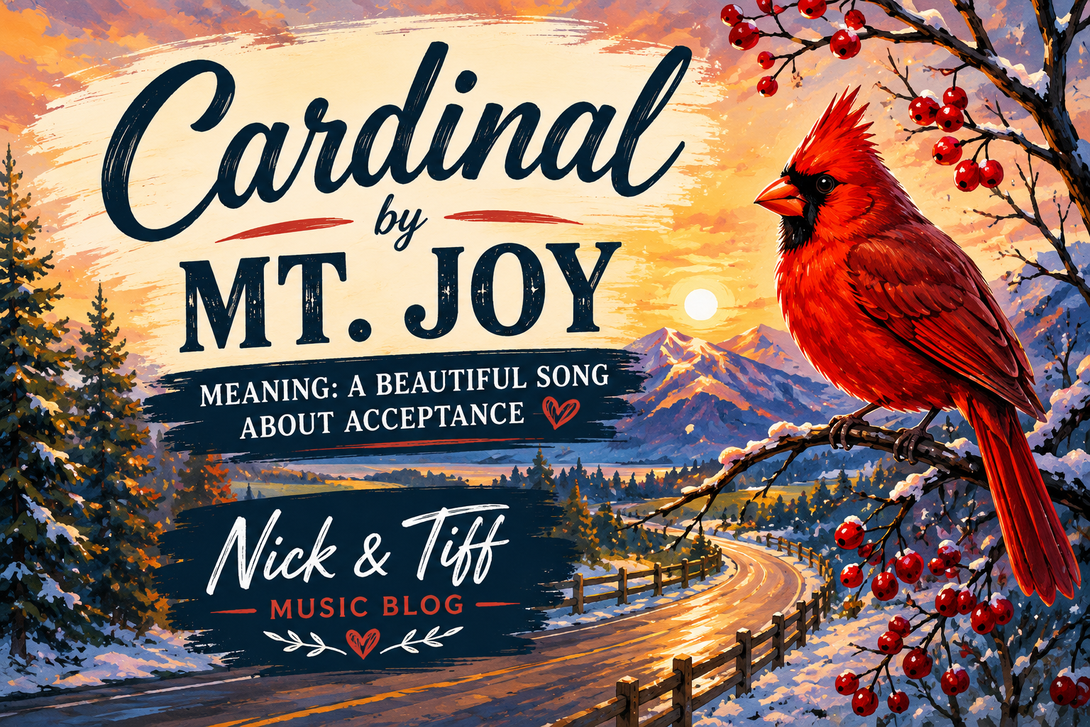 Illustration of a red cardinal perched on a snowy branch for a Cardinal by Mt. Joy meaning and song review article.