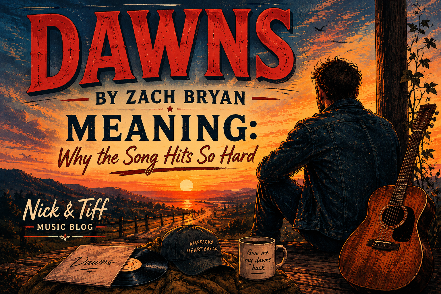 Illustrated feature image for a song review of “Dawns” by Zach Bryan featuring a sunset landscape and acoustic guitar.
