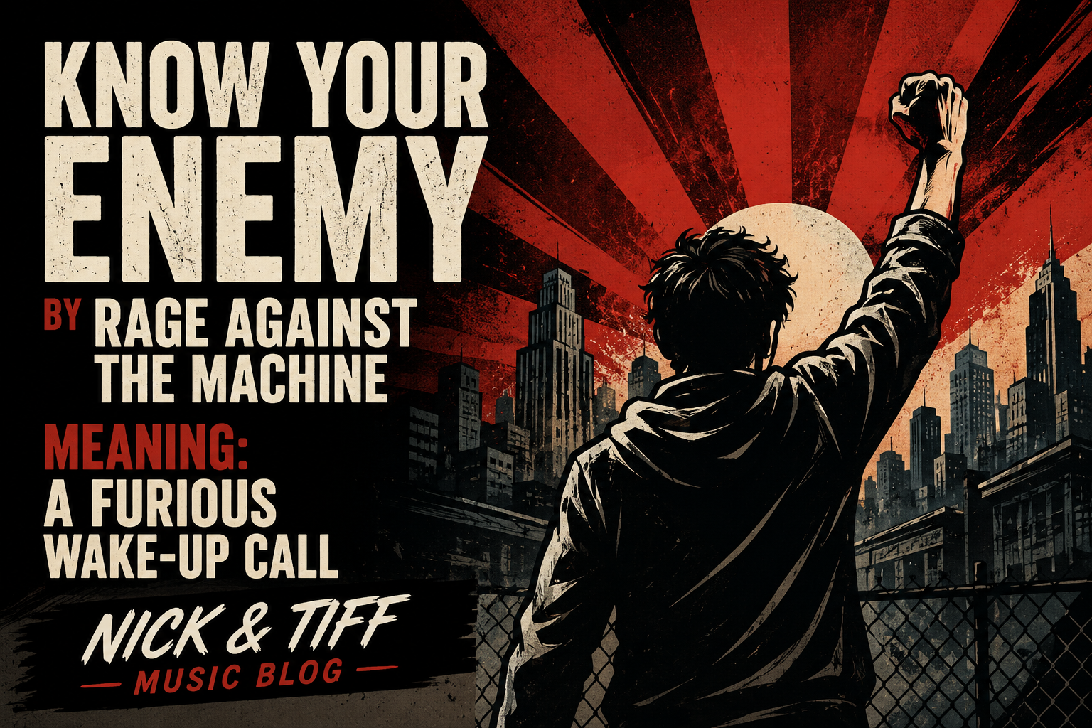 Illustrated Know Your Enemy by Rage Against the Machine meaning and song review feature image for Nick & Tiff Music Blog