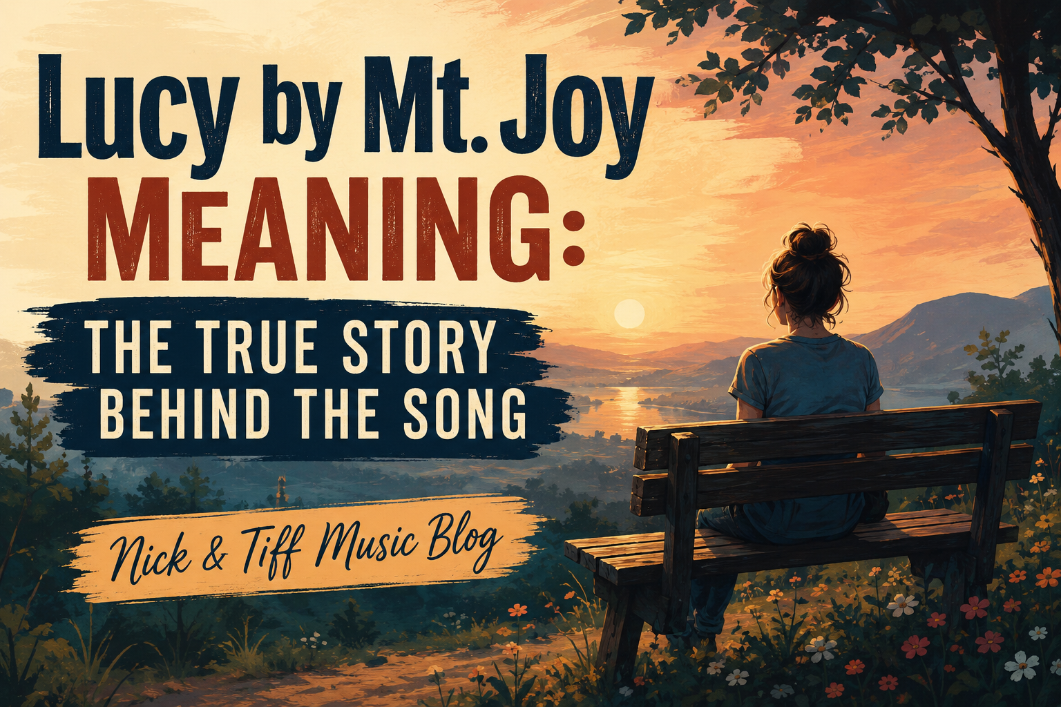 Lucy by Mt. Joy Meaning article feature image showing an illustrated woman sitting on a bench overlooking a sunset landscape.