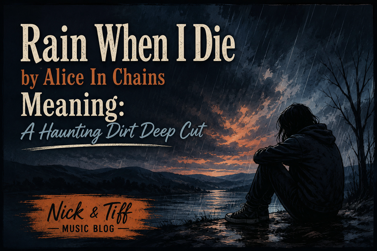 Illustrated feature image for Rain When I Die by Alice In Chains Meaning featuring a dark rainy landscape and lone figure beside water