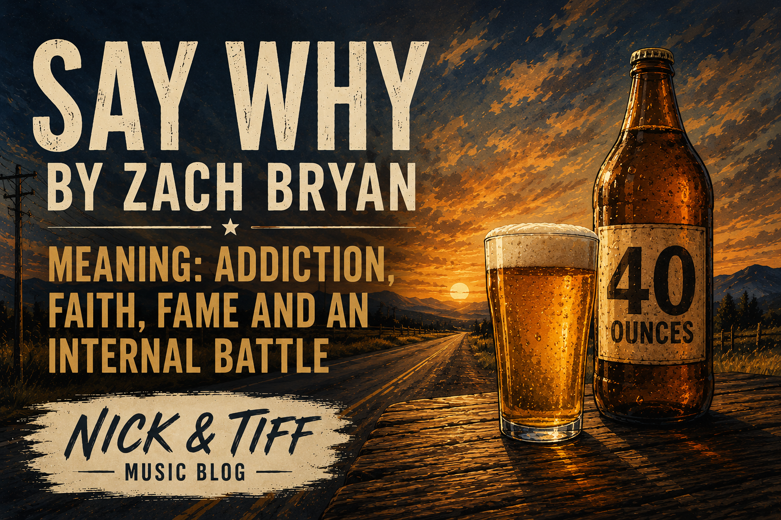 Illustration for “Say Why” by Zach Bryan meaning article with a lonely road, beer bottle, beer glass, and Nick & Tiff Music Blog branding.