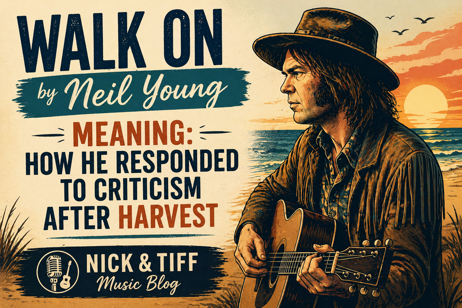 Illustration for “Walk On” by Neil Young Meaning: How He Responded to Criticism After Harvest, from Nick & Tiff Music Blog.