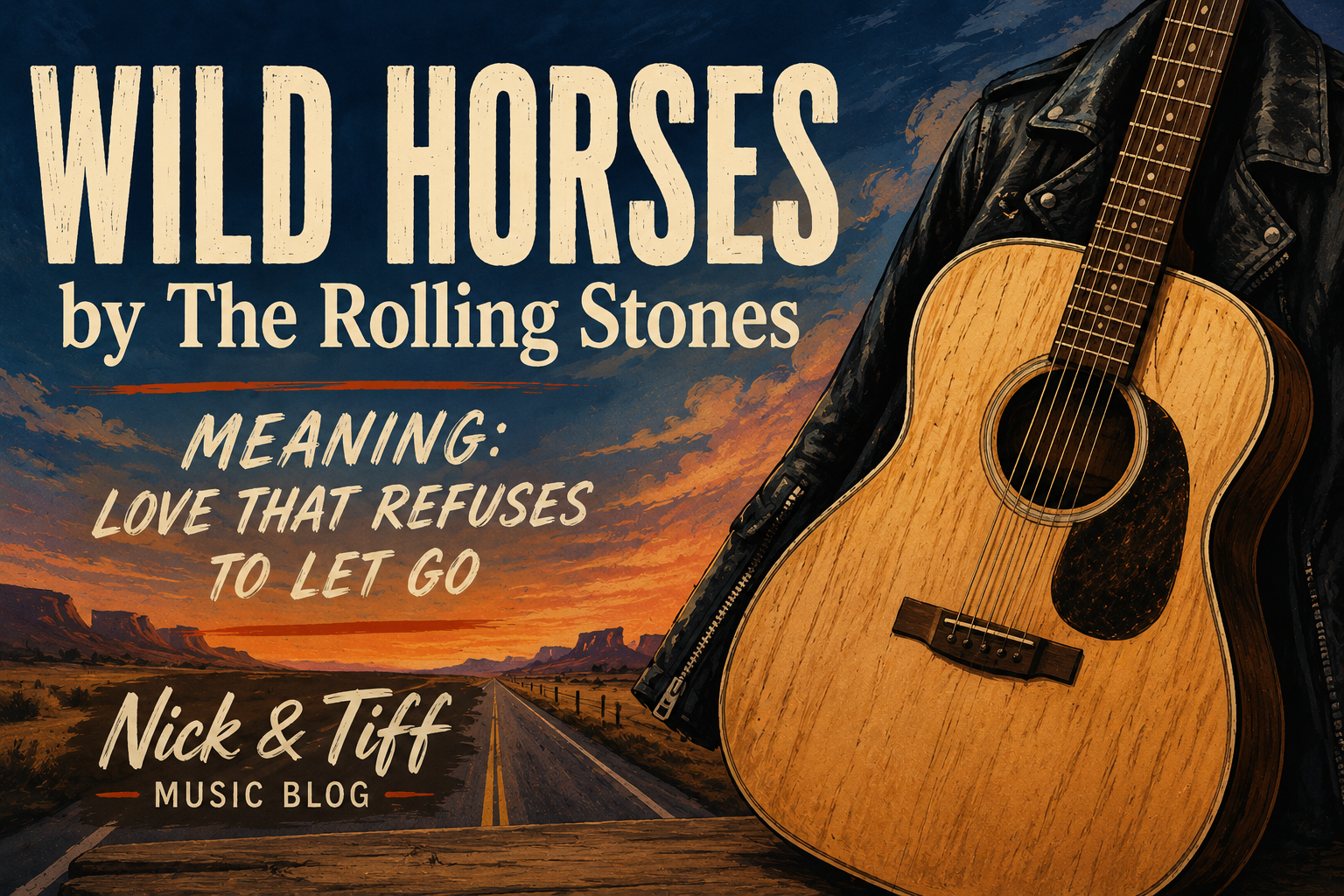 Illustrated Wild Horses by The Rolling Stones feature image with acoustic guitar and desert highway at sunset
