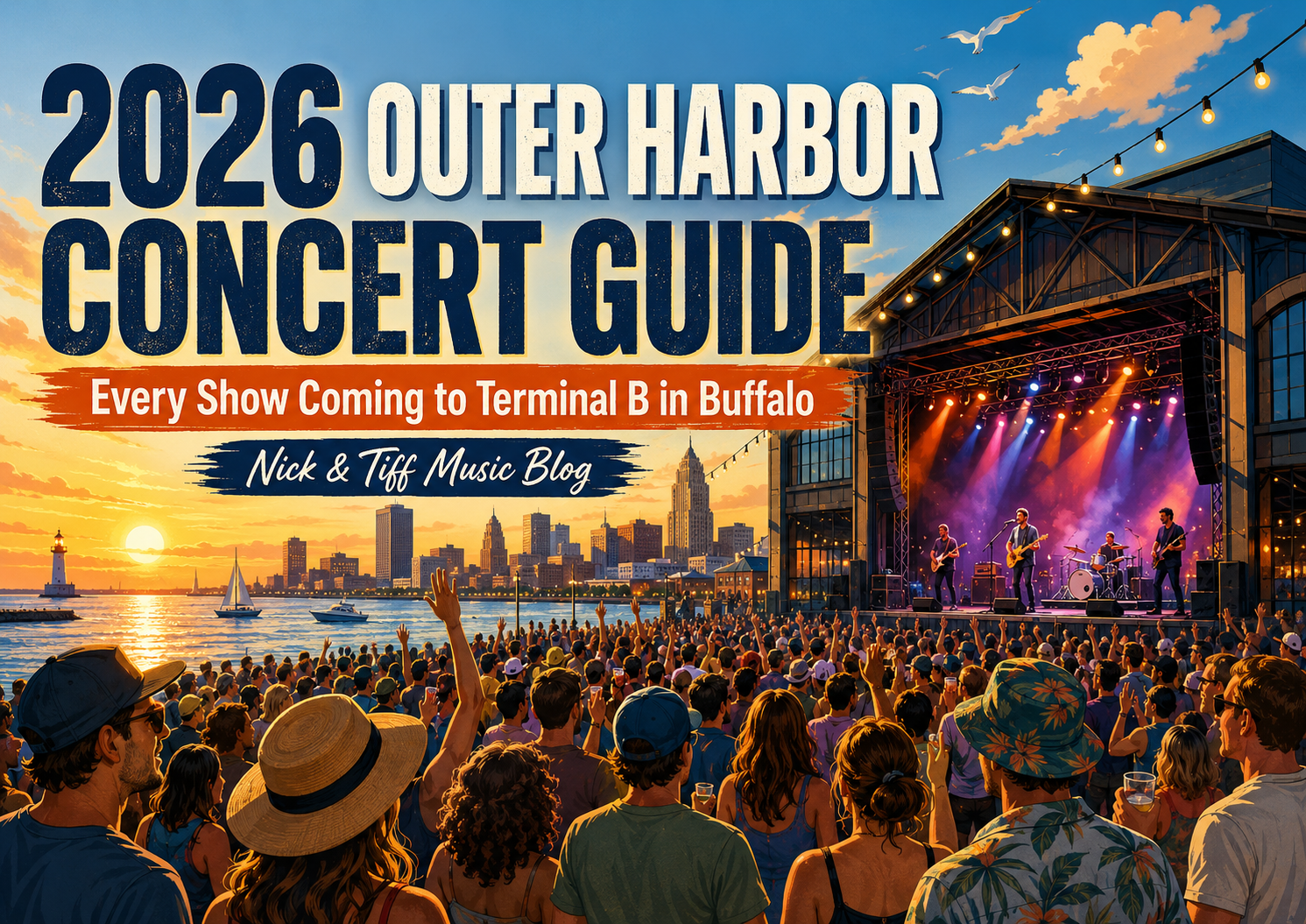 Illustrated 2026 Outer Harbor Concert Guide featuring a summer waterfront concert at Terminal B in Buffalo