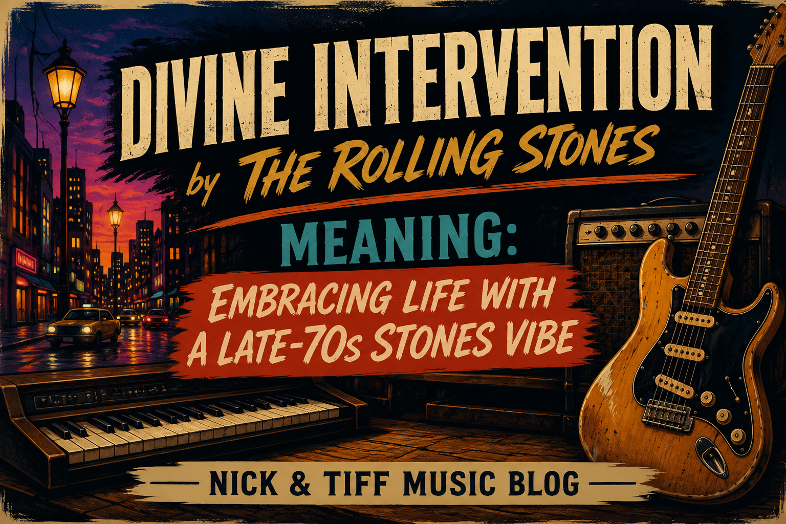 Divine Intervention by The Rolling Stones Meaning feature image with illustrated late-70s rock city scene, guitar, keyboard, and article title from Nick & Tiff Music Blog.