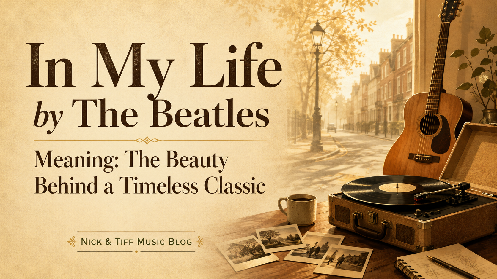 Illustrated feature image for “In My Life” by The Beatles meaning, showing a vintage record player, acoustic guitar, and nostalgic street scene.