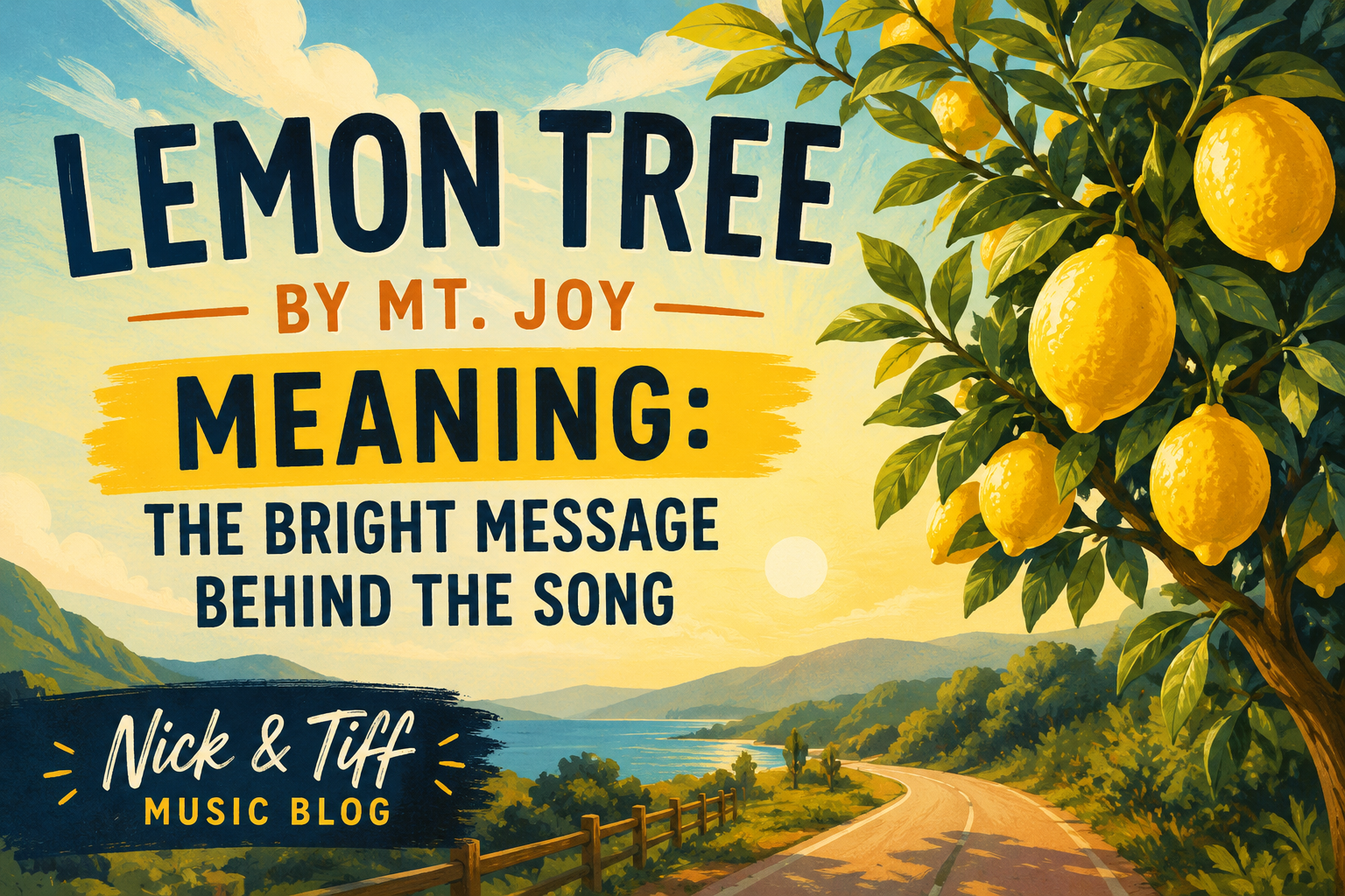 Lemon Tree by Mt. Joy Meaning feature image showing a lemon tree overlooking a scenic road and valley landscape
