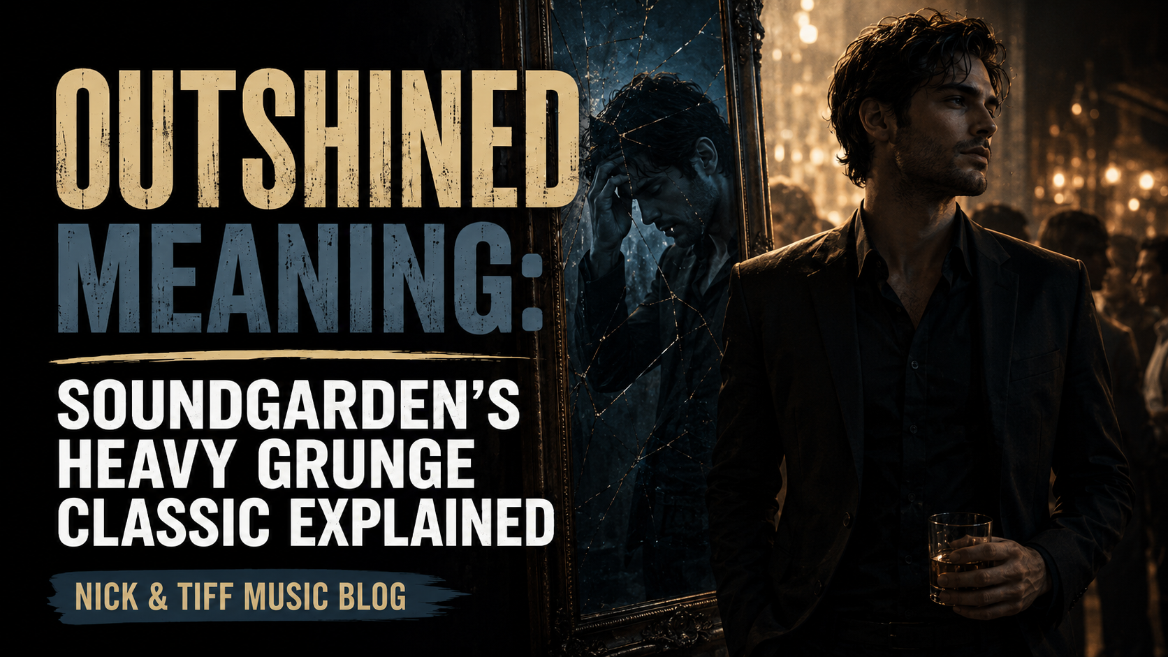 Illustration for Outshined Meaning by Soundgarden showing a polished man in public with a darker cracked reflection revealing inner pain.