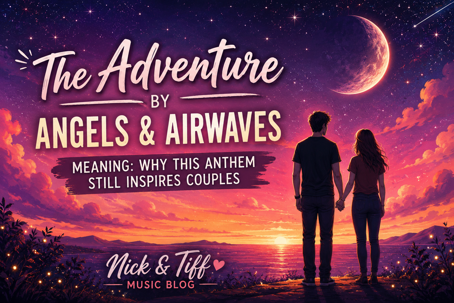 Illustration inspired by The Adventure by Angels & Airwaves featuring a couple holding hands beneath a colorful starry sky and moon.