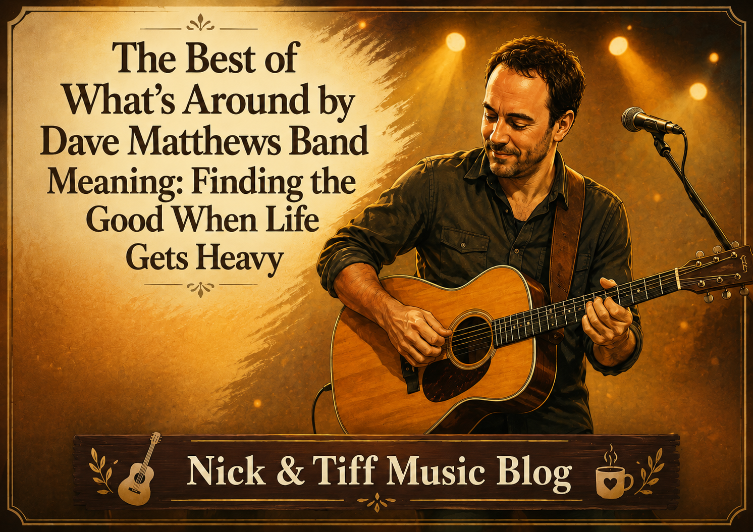 Illustration for The Best of What’s Around by Dave Matthews Band meaning, showing an acoustic guitarist in warm stage lighting with Nick & Tiff Music Blog text.