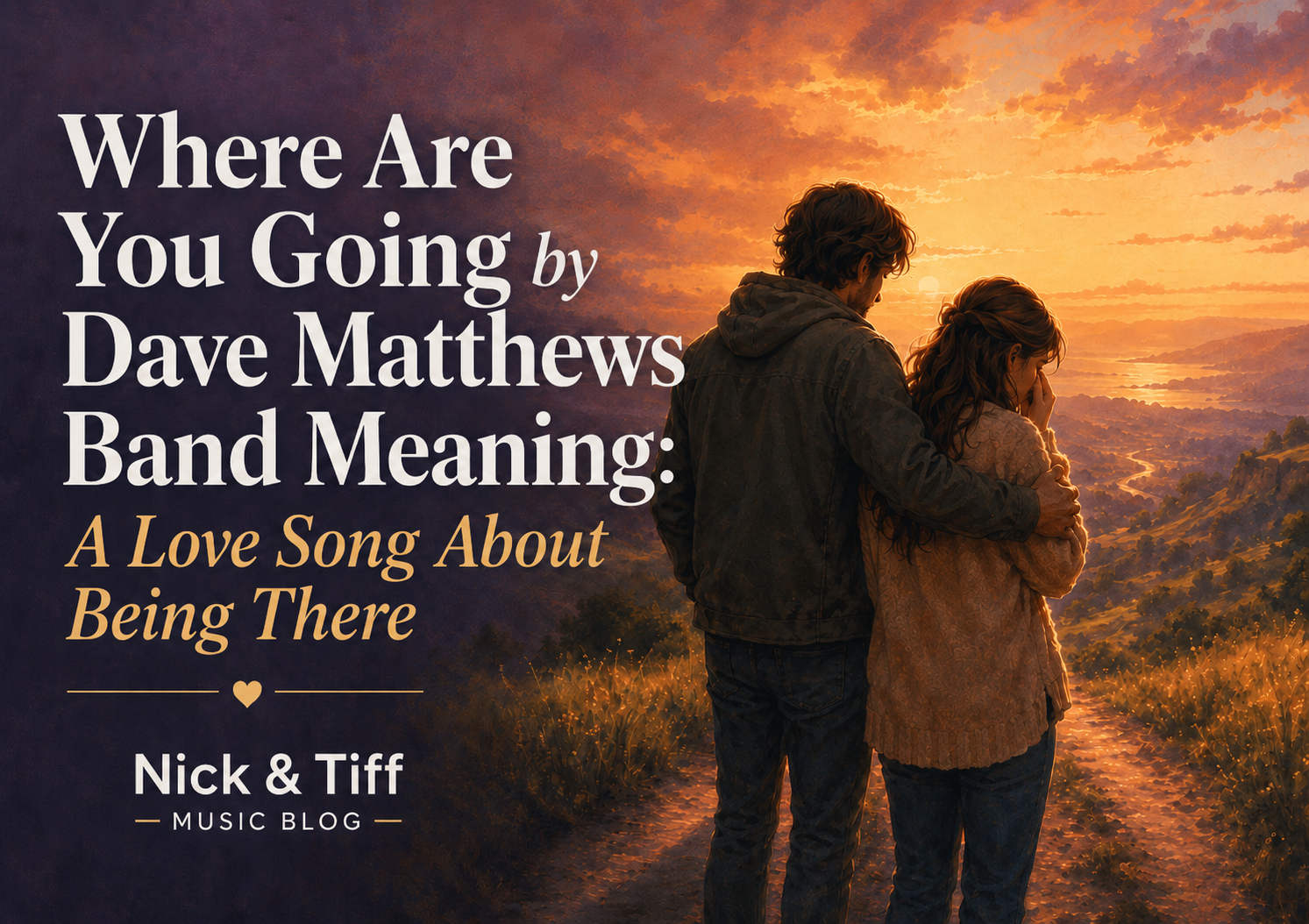 Illustration for “Where Are You Going” by Dave Matthews Band meaning, showing a man comforting an upset woman at sunset.