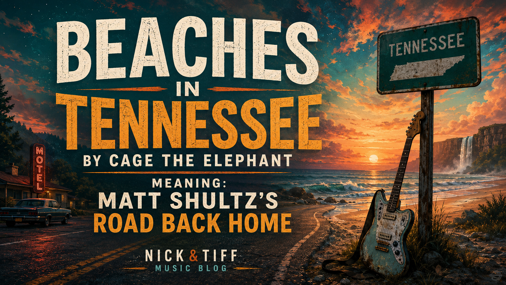 Illustration for Beaches in Tennessee by Cage the Elephant meaning article with a surreal Tennessee road leading toward a beach at sunset