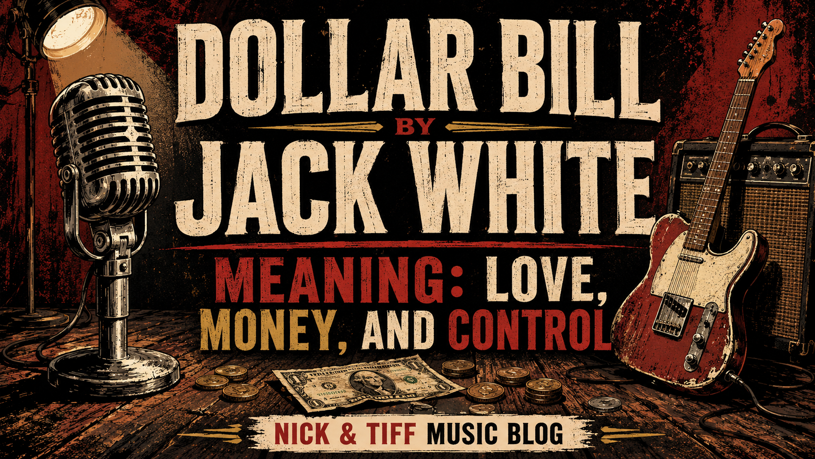 Illustrated feature image for Dollar Bill by Jack White Meaning: Love, Money, and Control with guitar, microphone, money, and Nick & Tiff Music Blog text.