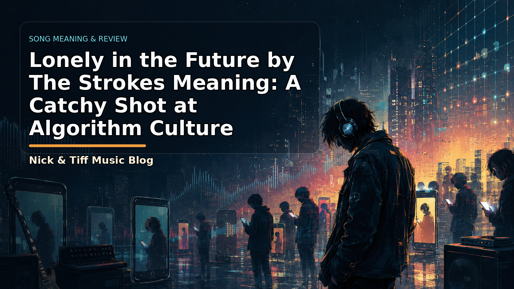 Illustration for “Lonely in the Future” by The Strokes showing a futuristic music scene with people isolated by phones and technology.