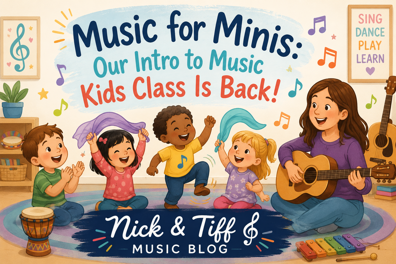 Illustration promoting Music for Minis, a monthly Intro to Music class for children ages 2–9 at Nick & Tiff Music in Derby, New York.
